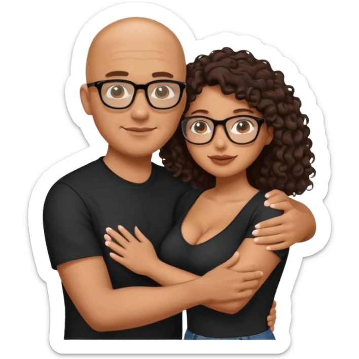 A picture of an embracing tanned couple. the man is a Mexican man with tanned skin, with a bald hair cut, and wearing a black shirt. the woman is mixed, glasses,  with long curly dark brown hair and with big boobs sticker