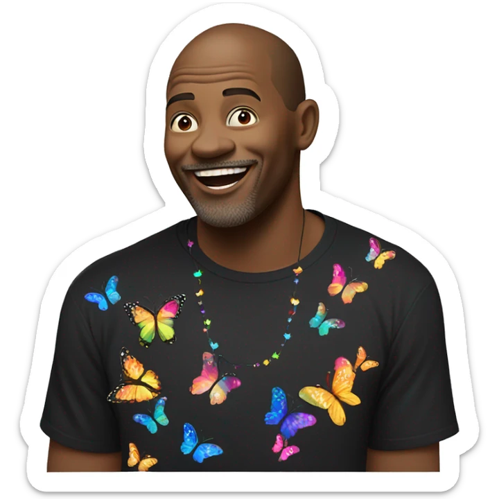 Man wearing a black shirt with colorful butterflies attached to te left sleeve and shoulder. The man in singing with a microphone sticker