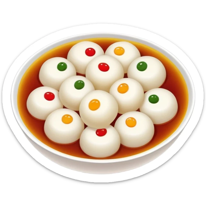 Shanghai Tangyuan sticky rice balls with colorful fillings in syrup, simplified emoji style with bold outlines and bright colors, cartoon style sweet Chinese dessert sticker