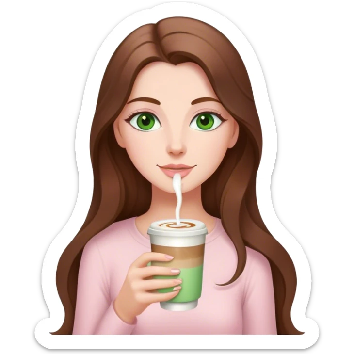 pretty woman with very long brown hair and green eyes and light pink outfit drinking a latte sticker