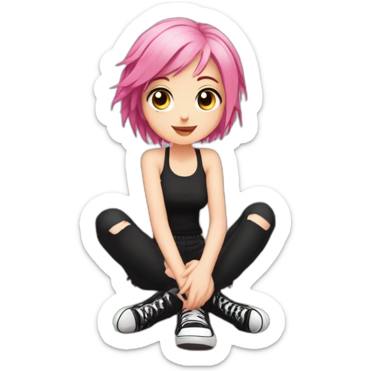 Full body Front view curvy emo girl pink hair sits on the floor straight view hands up black skirt белые трусики полосатые рваные чулки sticker