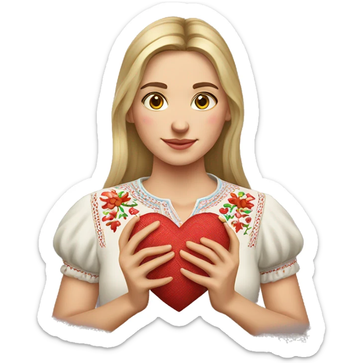 A Ukrainian woman in an embroidered shirt holds a heart in her hands sticker