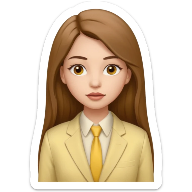 a young woman in a pale yellow pantsuit.   She has brown eyes and very long brown hair. The hair parting is straight in the middle and the skin color is light. Lips are inflated. And thickened eyelashes, Waist-length sticker