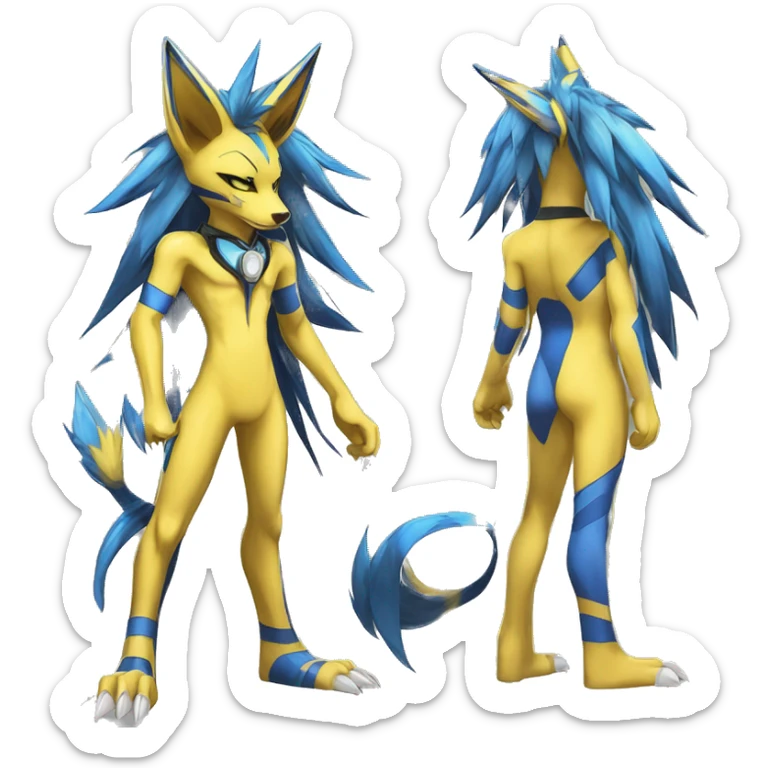 Yellow Anthro Edgy Cool Sonic-Zeraora-Anubis-Renamon-Jolteon-Pokémon-Fakémon with shiny blue stripes Full Body Detailed High Quality  sticker