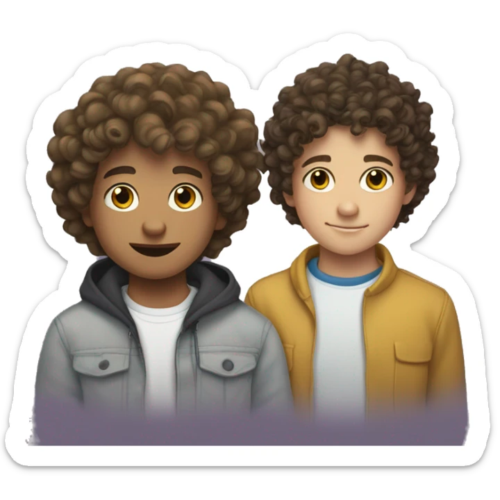 cartoon photo of both a mixed teen with curly hair and white teen boy with wavy short  hair ,  sticker