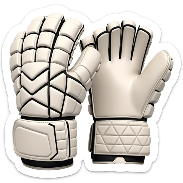 Cinematic Realistic image of goalie gloves showcasing detailed fabric textures and intricate grip patterns, rendered against a blurred goal backdrop with focused, high-contrast lighting that accentuates their essential design sticker