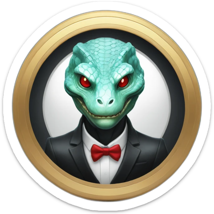 Aquamarine reptilian in classic black suite with red laser eyes on the middle of platinum coin sticker