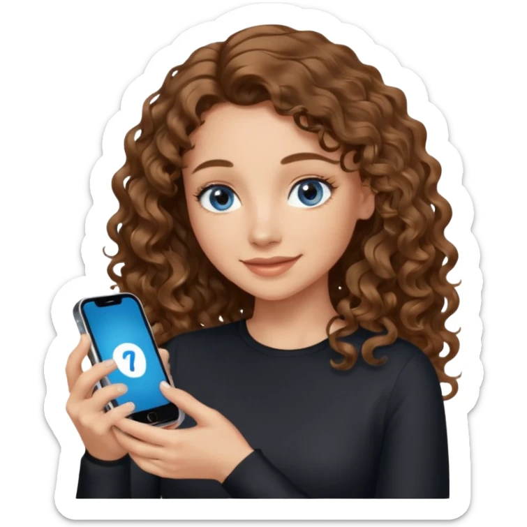 generate a pretty woman with blue eyes, light skin and medium brown long wavy almost curly shiny hair holding a phone she is looking at the phone while looking down at the screen. she is wearing an ALL black long sleeve. she is smiling sticker