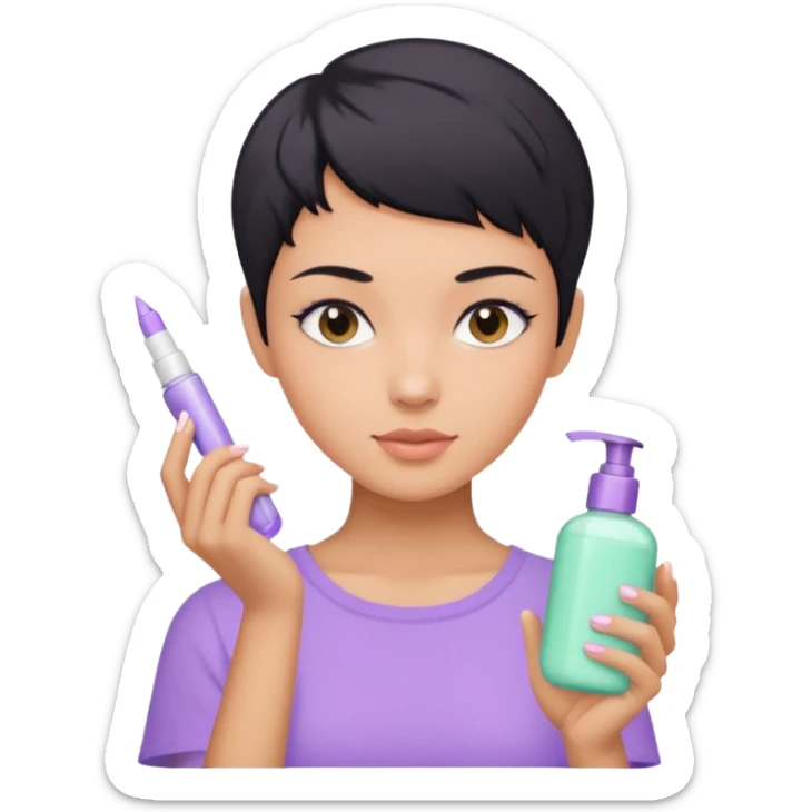 tan girl with pastel purple shirt with black hair & a pixie, doing her skin care sticker