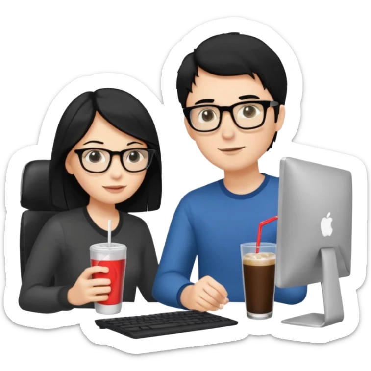 Hombre blanco con gafas, pelo negro tomando un refresco frente a un ordenador con ropa de sport,  y se ve en la pantalla del ordenador una mujer rubia tomando café sticker