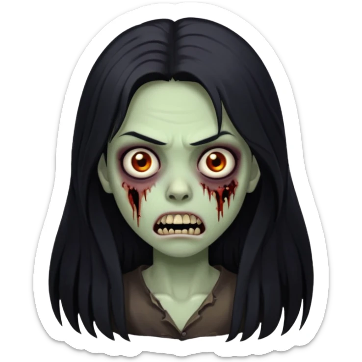 Girl zombie with black long hair with teeth and serious face IOS style sticker