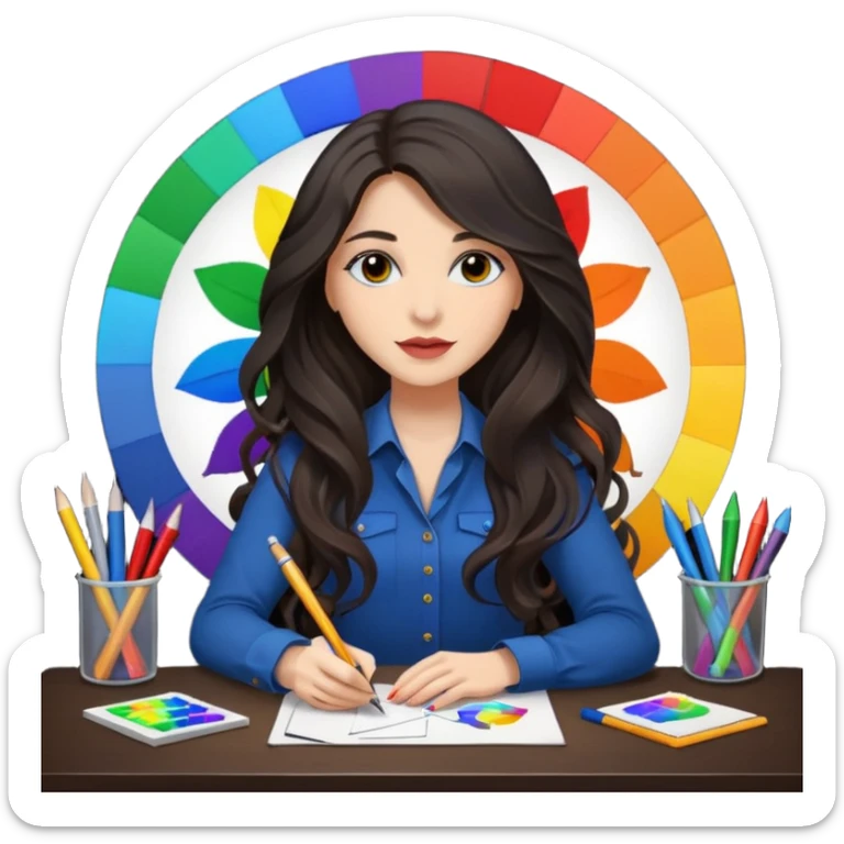 female dark wavy long hair graphic designer , color wheel, pens, papers , desktop sticker