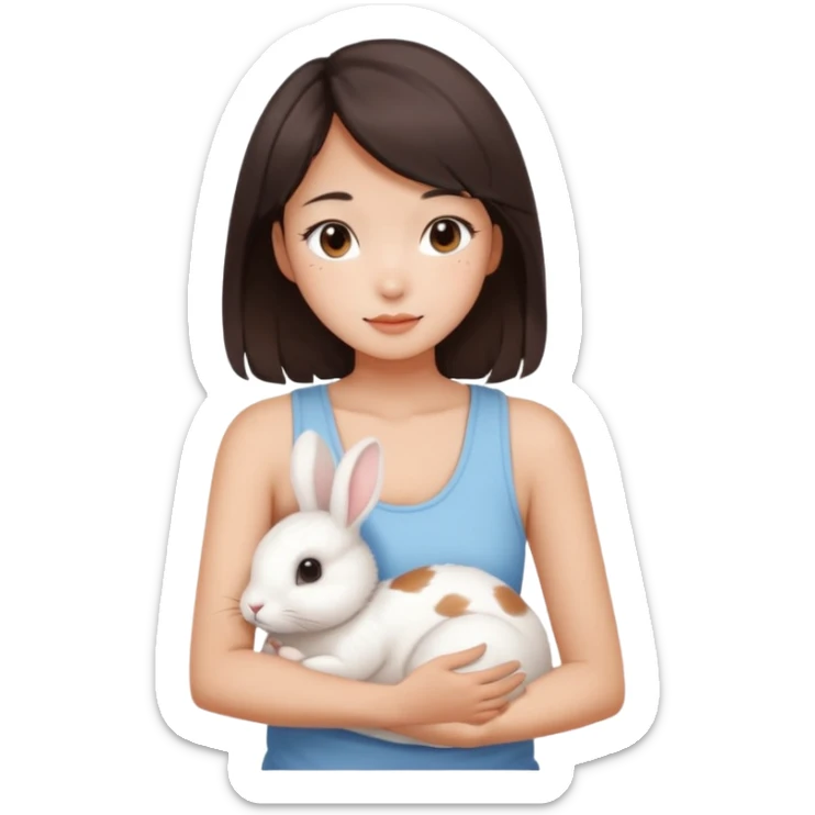 A young Asian woman with dark brown, almost Asian girl with dark brown hair, brown eyes, light Asian skin, add soft makeup and dress in tank top and hugging a one white rabbit with light brown spots, soft and warm atmosphere.
  sticker
