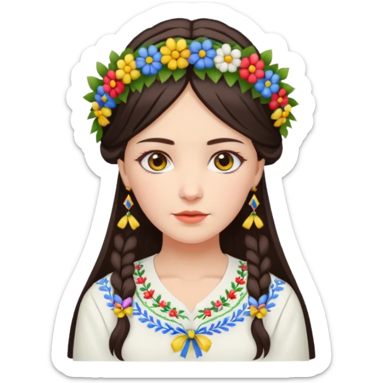 Ukrainian woman in a white embroidered shirt with dark hair in a wreath of flowers with multicoloured ribbons on her head sticker
