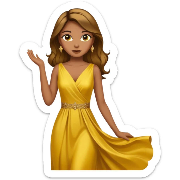 Woman using a long elegant yellow dress. She has medium skin tone and a brown with gold makeup sticker