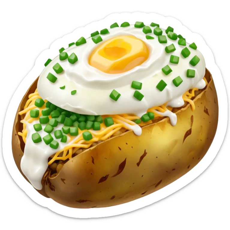 Loaded baked potato with sour cream, cheese, butter, green onions, and steam coming out of it  sticker