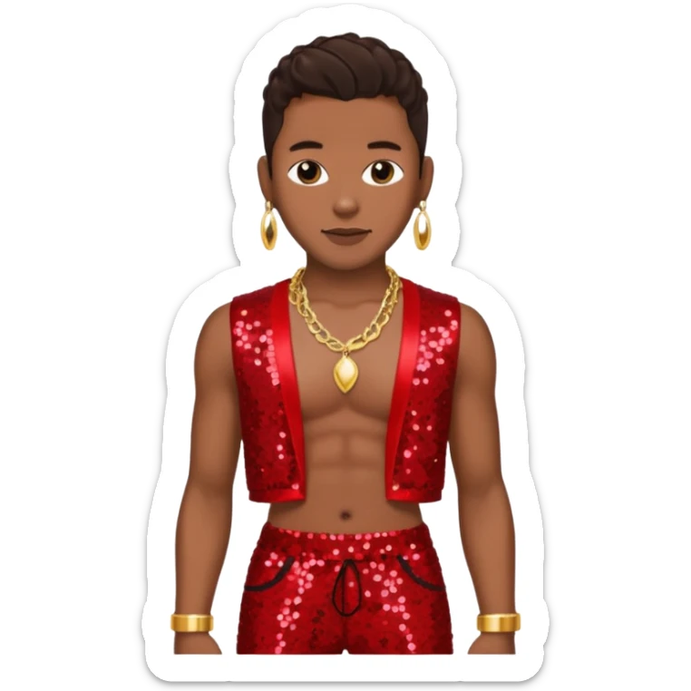 Bobby Brown with dark brown hair, red sequin bolero crop top, red sequin harem pants, shirtless with necklace sticker