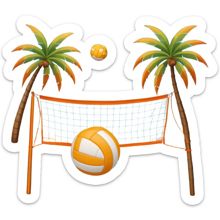 The scene captures a sunny sea beach atmosphere with clear blue sea and sky, palm trees swaying. A volleyball resting on the orange sand ground of a beach, with a volleyball net in the background.  sticker