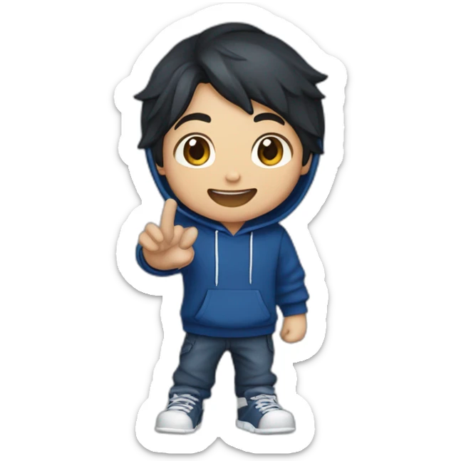 gamer boy with dark hair and dark brown eyes in dark blue hoodie waving hello sticker