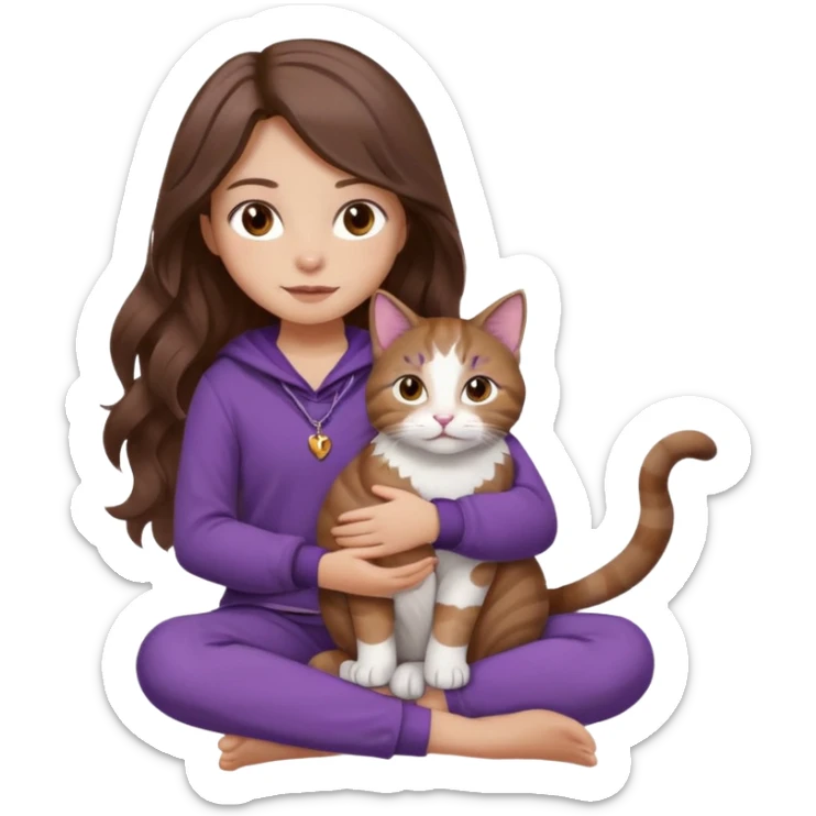 a girl with long wavy brown hair and soft brown eyes, wearing cozy purple clothes, sitting cross-legged, gently holding a tricolor cat (brown, white, and grey) in her lap, calm warm expression, iOS emoji style, soft lighting, gentle color palette sticker