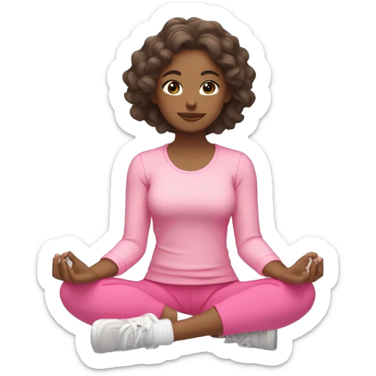 girl with light tan skin and dark loose wavy hair wearing pink exercise clothes sitting cross legged meditating with closed eyes 😌 sticker