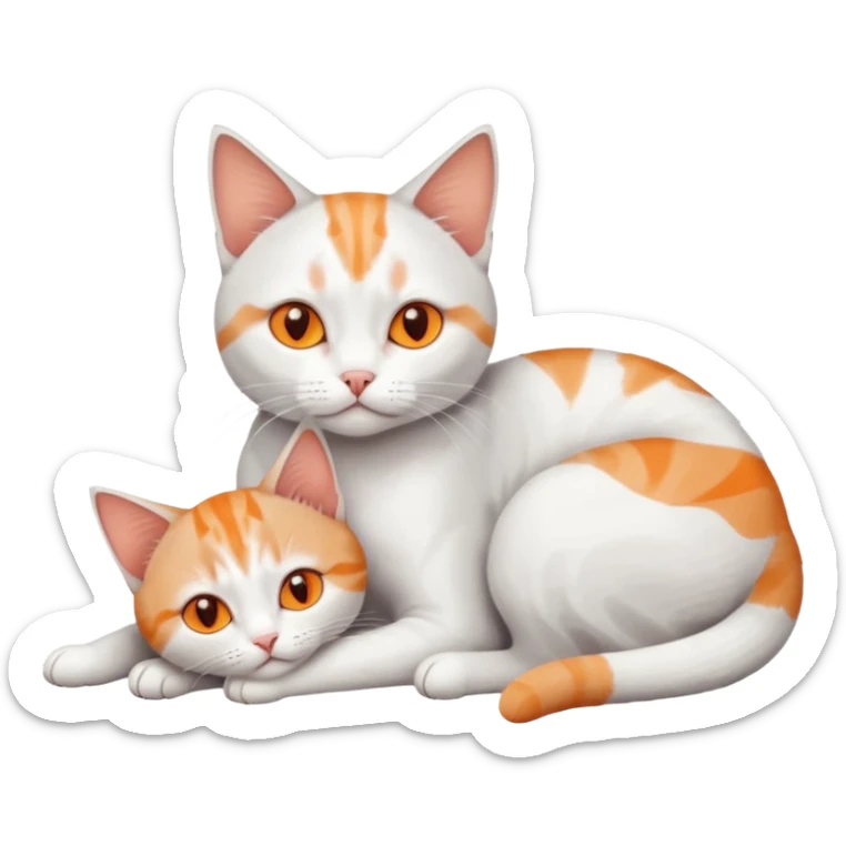 full body of a grey and white cat cuddling a very small + skinny ginger and white kitten with deep orange eyes and triangular shaped face lying down sticker