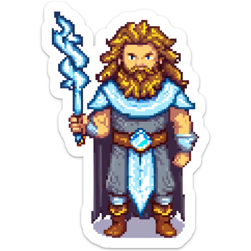 Zeus, the Greek god, with his beard, long curly hair, and regal attire, holding a lightning bolt sticker