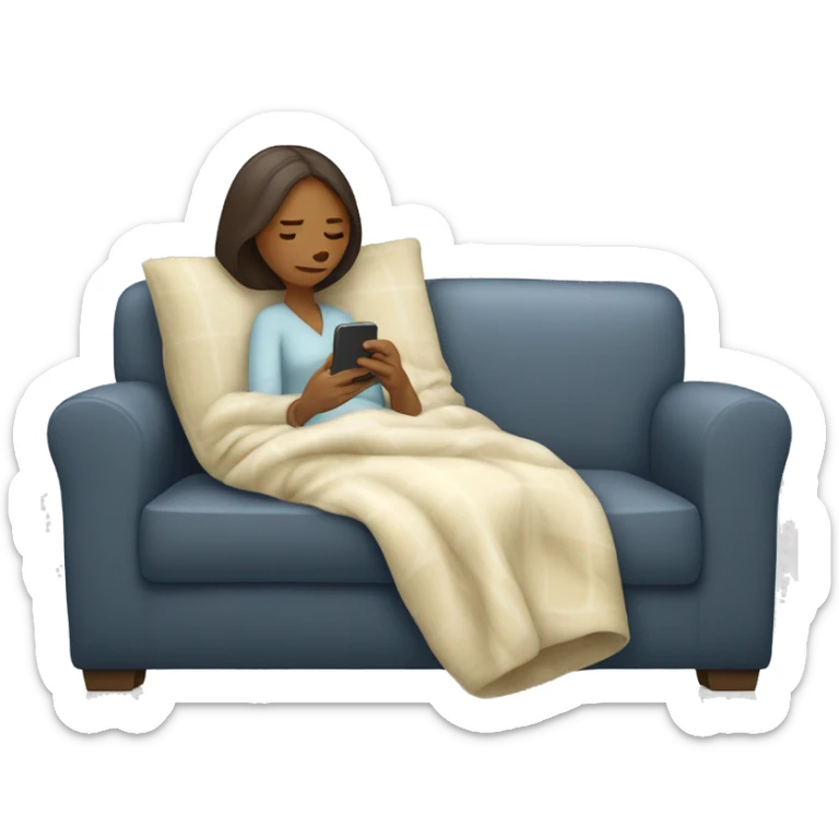 Wife laying on couch under a blanket on her phone. She is white. Have the husband behind the couch sneezy sticker