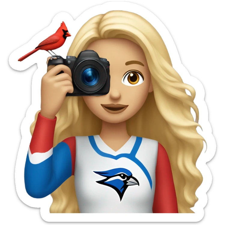 Long hair blonde girl with camera taking pictures of cardinals and blue jays sticker