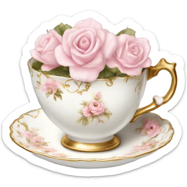 White teacup with baby pink floral antique print with gold accents  sticker