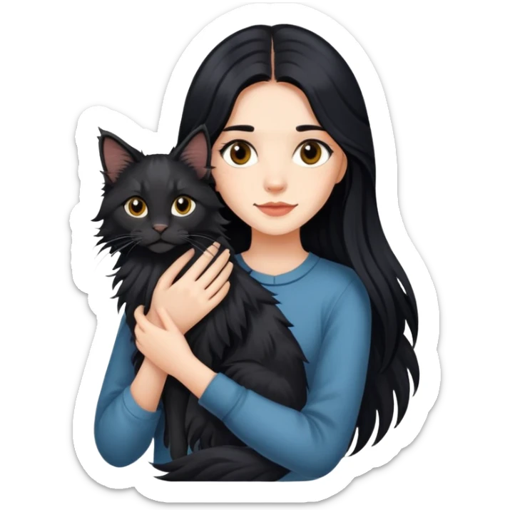 Fair skin beautiful black long hair girl holding maine coon  sticker