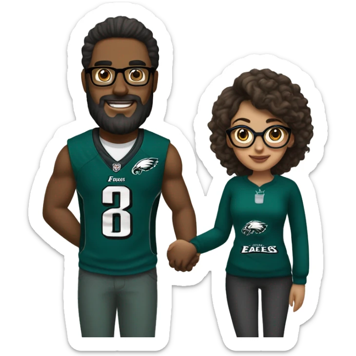  Brown guy with beard and mustache holding hands with a brown girl with her hair in a bun and she’s wearing glasses in Philadelphia eagles clothing  sticker