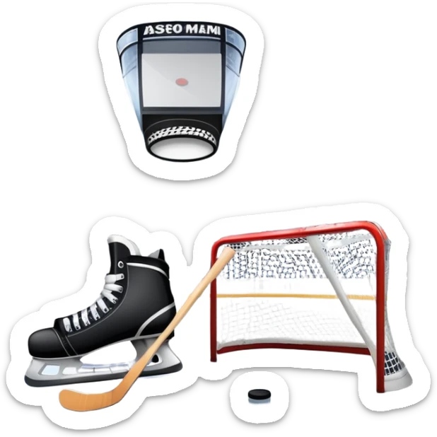 An icon showing a close-up of a hockey stick, puck, skates, and hockey net placed on the ice. The background features a packed stadium with bright lights, cheering fans, and snowy scenery outside. Transparent background highlights the key elements of the game. sticker