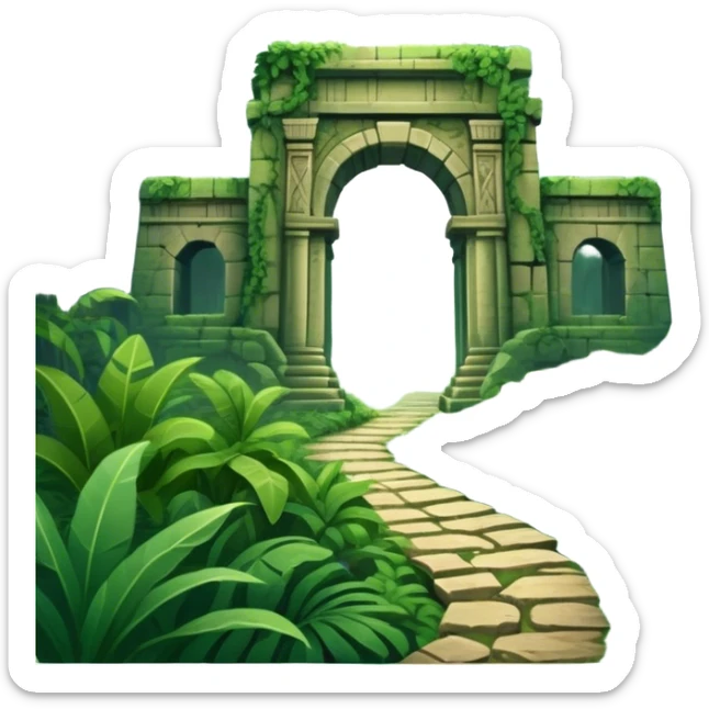 Icon for Adventure Movie: A vintage movie poster-style design with a jungle clearing path, dense foliage surrounding it. In the distance, ancient ruins peek through the trees. The atmosphere is mysterious and adventurous, with soft light cutting through the trees. Transparent background. sticker