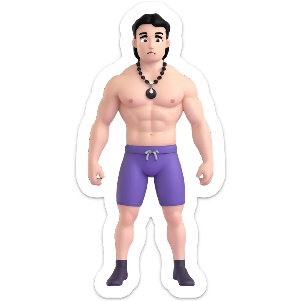 young white man with black hair, muscular, shirtless with prominent nipple piercings, nipple rings sticker