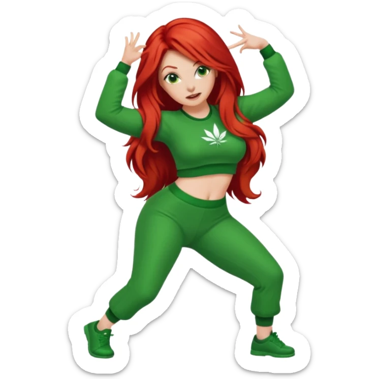Thick white woman twerking with long red hair and green 420 outfit sticker