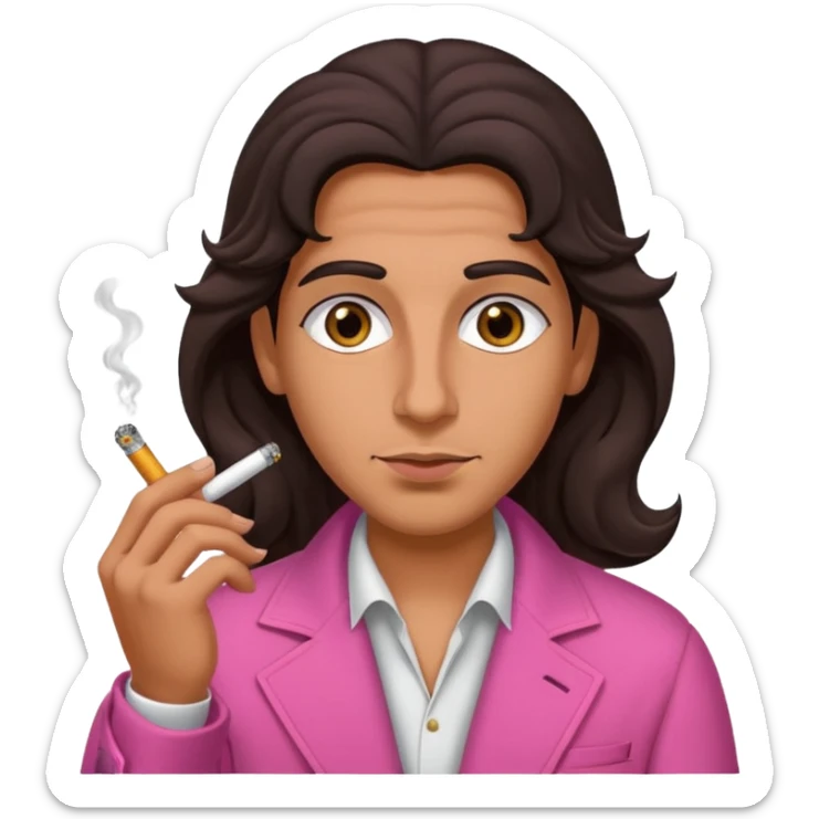 Arab tanned but not too tanned, wavy thick hair, brown eyes, smoking a pink zoot sticker