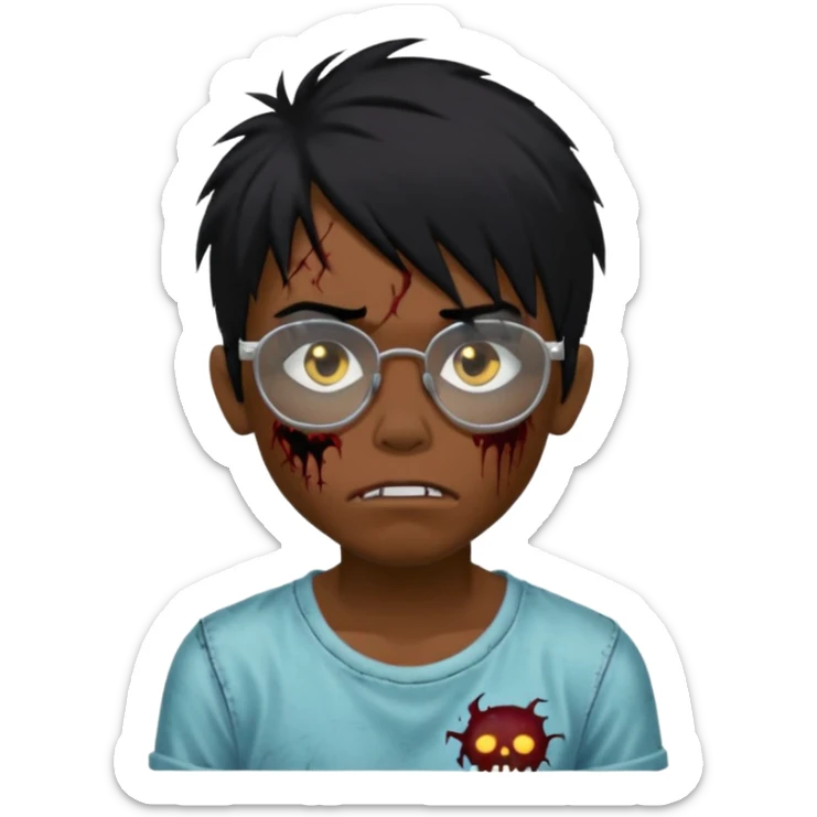 Boy, zombie, black hair, medium long, emo, shaggy, dark, spooky, creepy expression emoji, add transparent glasses, a risk on the eyebrow, some tattos sticker