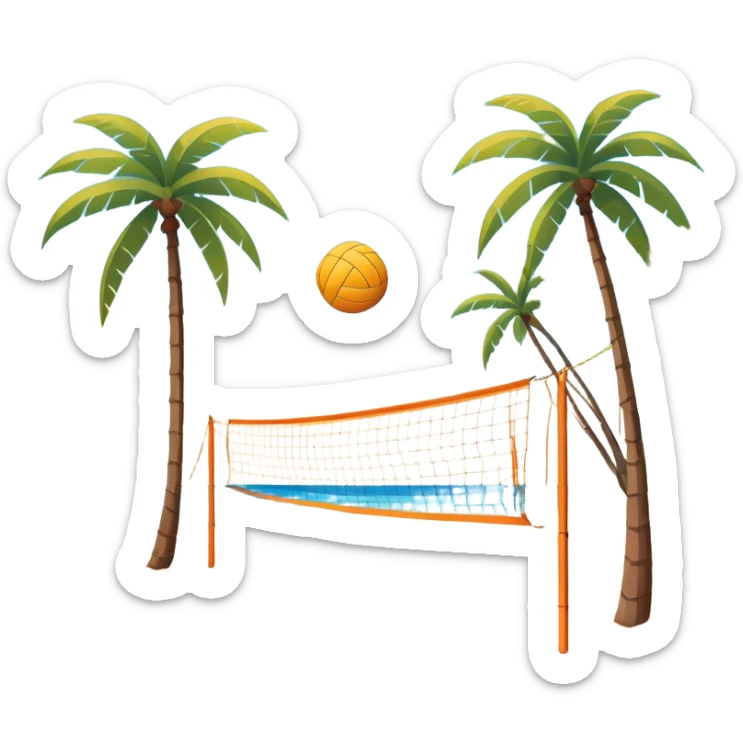 A volleyball resting on the orange sand ground of a beach, with a volleyball net in the background. The scene captures a sunny beach atmosphere with clear blue sea and sky, palm trees swaying, and people in swimsuits enjoying the vibrant surroundings sticker