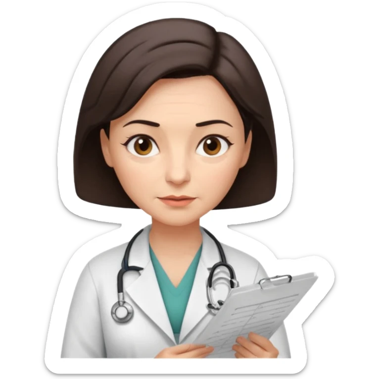 A female doctor in her 50s with visible facial wrinkles, dark brown short bob hair, her body turned slightly at an angle, with her gaze clearly directed downward and fixed on the medical chart she is reviewing. sticker
