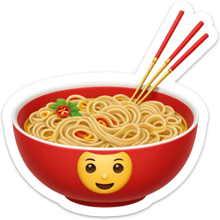 Chinese cuisine humanless avatar in bright emoji-style illustration. Noodles bowl, red and gold colors, simple shapes, flat design, bold and energetic. sticker