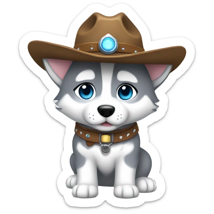 Gray Siberian Husky with blue eyes puppy wearing a cowboy hat dressed in Jedi clothing Holding a Lightsaber On leash  sticker