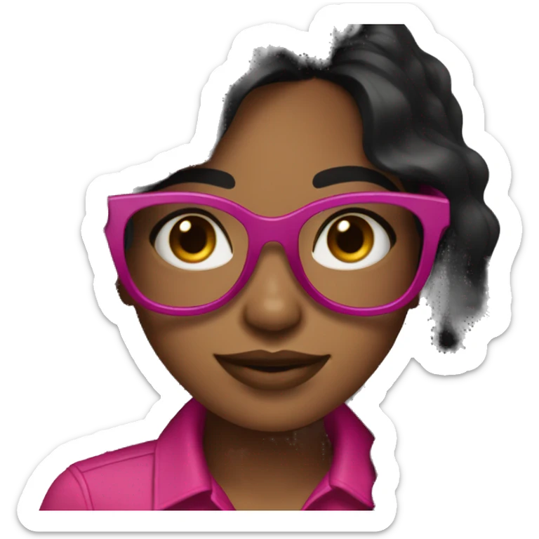 Girl with long wavey black hair and brown skin and brown eyes and fuchsia and black glasses sticker
