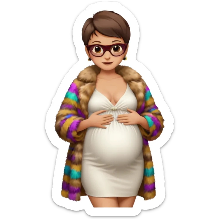 pregnant stylish woman with short pixie brunette hair happily touching her big belly while wearing white dress and fancy brown fur coat and colorful shades sticker