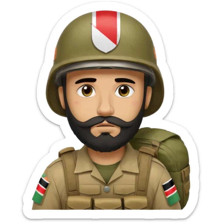 A very tired and sad, swarthy Iraqi soldier with a beard, an Iraqi flag on his helmet, a sad expression and bags under his eyes sticker