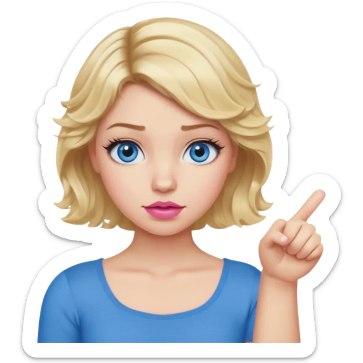 Girl Blonde short wavy hair,  blue eyes, cute blue top, long lashes, pink lips, thumbs down  sticker