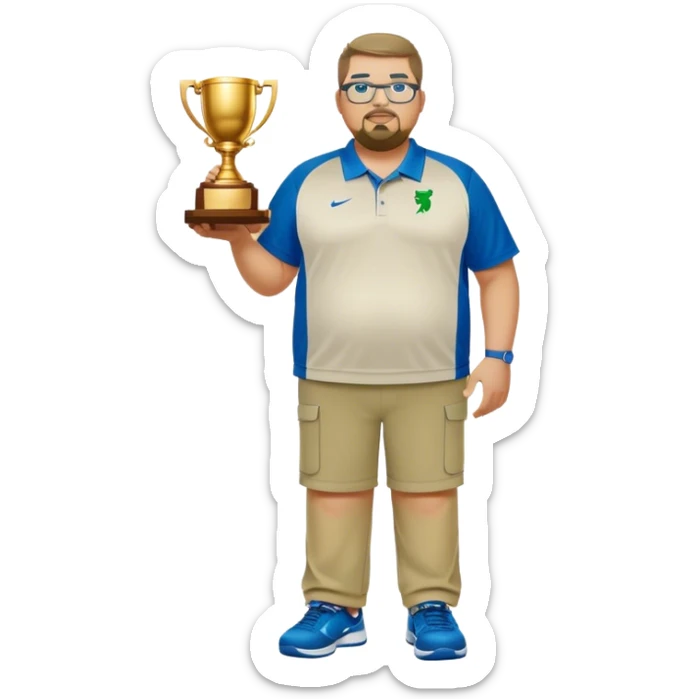  full body white obese male basketball coach with trophy. Goatee , Wearing glasses and blue and green nike polo shirt and khaki pants sticker