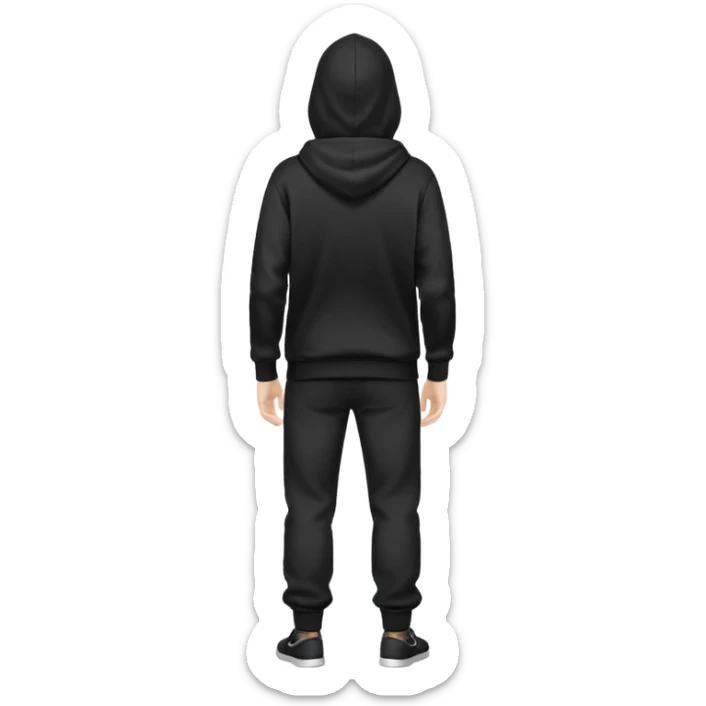 fullbody Mysterious shy caucasian man in black hoodie on head, hands in pockets and black pants rear backview sticker