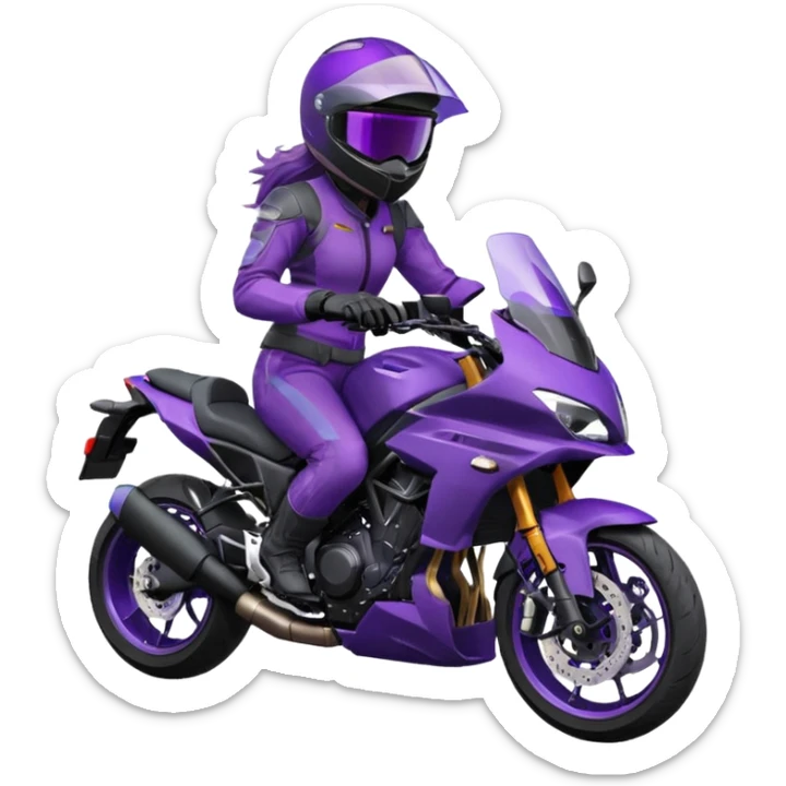 Créer un emoji avec une moto mt07 sport noir mate / violet iridescent très foncé. Avec une pilote dessus visière violet sombre faceless, bulle de la moto violet. Avec fond arrière violet, tenue complète casque inclus violet  sticker