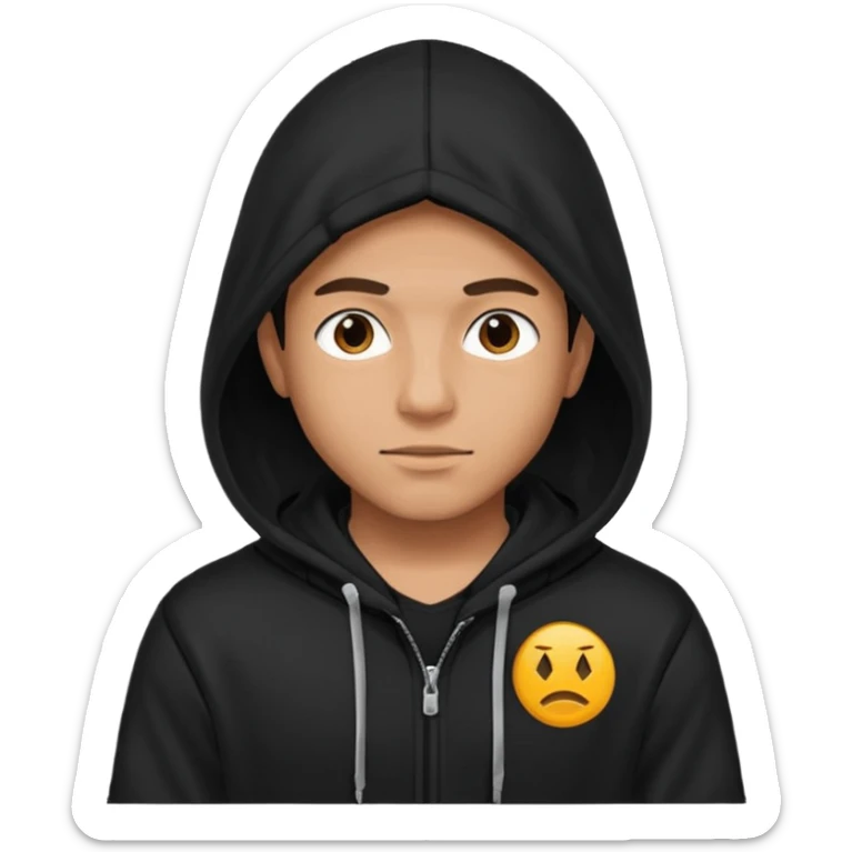 young man in a hood, black hoodie, on it is a logo of two WW sticker